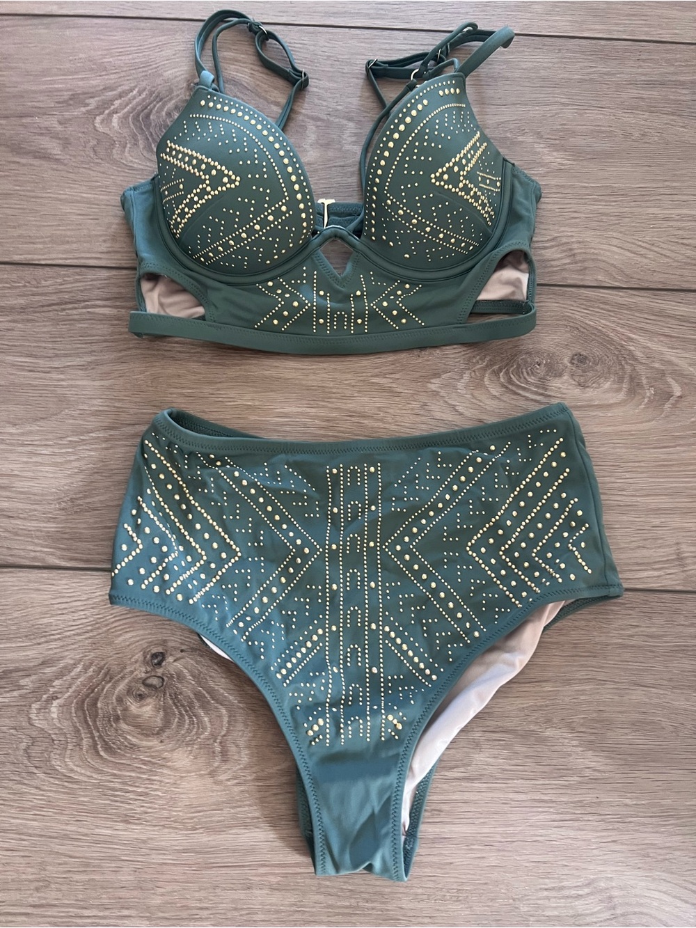 La SENZA Olive Green High-Waist Studded Bikini Set